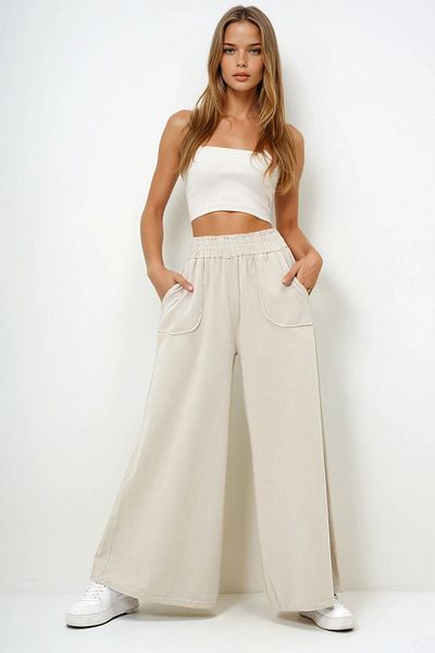 VAGGON Pantaloni de damă, bej, cu talie, cu buzunare duble, din gabardină, cu picioare largi Prmx13949
