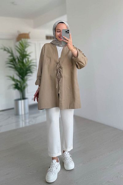 Ka Hijab Μπουφάν Gabardine με δέσιμο μπροστά - Mink