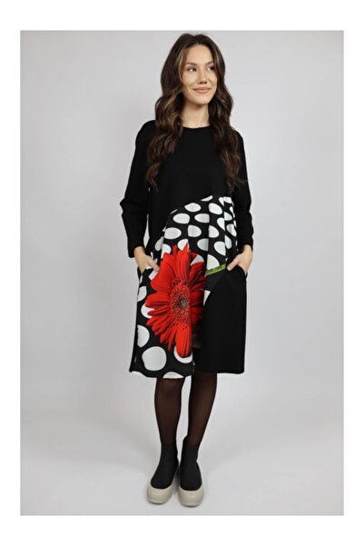 FASHIONLAND МИДИ РОКЛЯ С ДЖОБ И ДЪЛЪГ РЪКАВ С ЩАМПА НА МАРГАРИТКИ, ТОЧКИ ФЕРА...