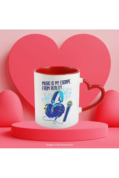 StoryGift Romania Music Is My Escape From Reality Mug, Microphone, Headphones, Multicolor 330 ml, Sky, With Heart Handle STG