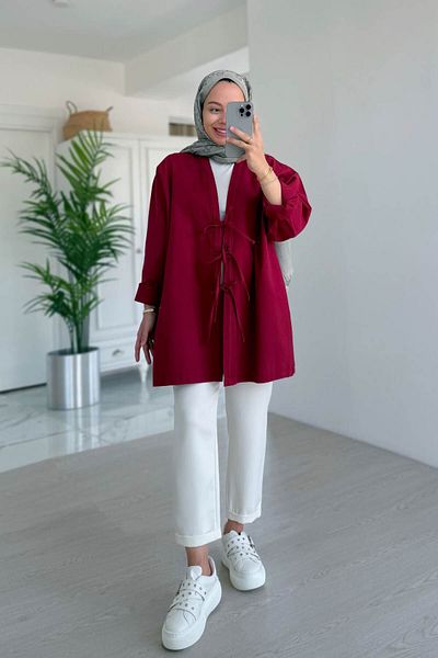 Ka Hijab Front Tie Gabardine Jacket - Claret Red