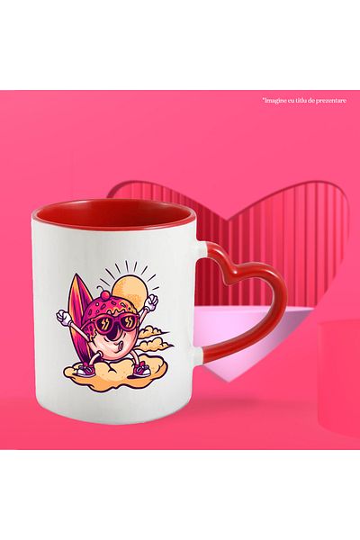 StoryGift Romania Cana Cu Gogoasa, Glazura, Nori, Placa De Surf, Soare, Ochelari, Multicolor 330 m, Cu Maner Inim