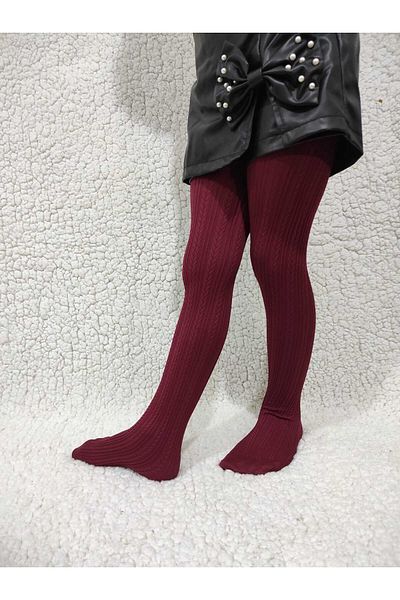 DÜVEN Knitted Patterned Girl's Medium Thick Seasonal Pantyhose - Wine