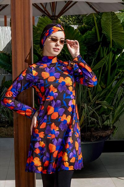 Mayom Lycra Floral Patterned Hijab Swimsuit with Quick Drying Tights 2516