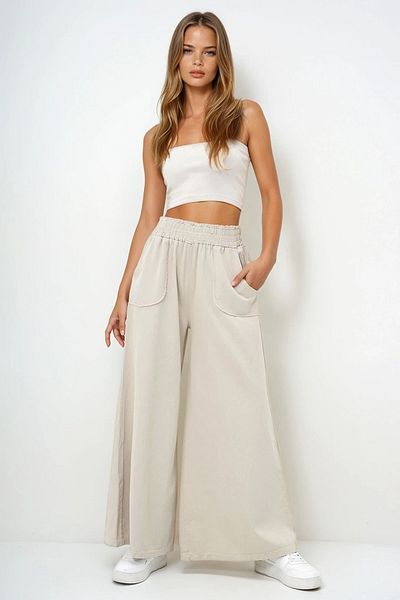 VAGGON Pantaloni de damă, bej, cu talie, cu buzunare duble, din gabardină, cu picioare largi Prmx13949