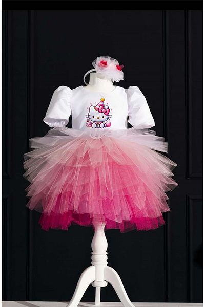 YAĞMUR KOStütüM Hello Kitty Cupcake Themed Girl's White Birthday Dress and Party Costume (Crown)