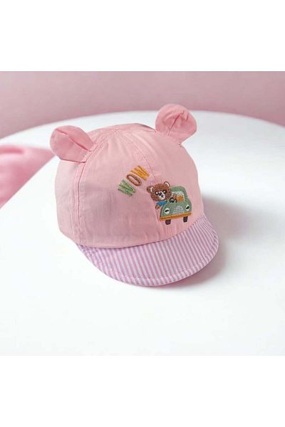 RCB Baby Cap 'WOW Driver Teddy Bear' with Ears - Pink (0-6 Months)