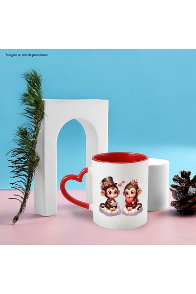 StoryGift Romania Cana Cu 2 Maimute Care Stau Pe Norisori | Ilustratie | Flori | Inimioare | Scris, Cu Maner Inim Stg