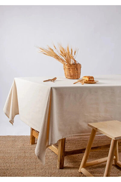 mihriban Organik Pamuklu Ham Keten Masa Örtüsü Naturel Bej Çeyizlik Şık Tasar...