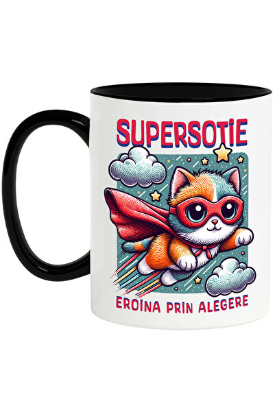StoryGift Romania Cana cu Pisica cu masca Si Pelerina Rosie In Zbor Text Super sotie Eroina Prin A, Cu Maner Negru