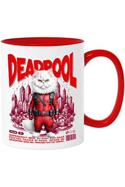 StoryGift Romania Cana cu Persan / persian Pisica In Costum de DeadPool cu Pelerina, Erou Nocturn,, Cu Maner Rosu