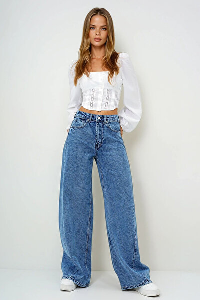 VAGGON Kadın Mavi Yüksek Bel Vintage Yıkamalı Buggy Kesim Jean Pantolon Prmx13952