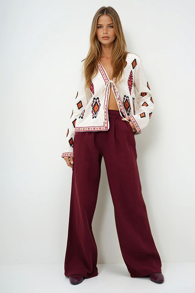 VAGGON Women's Burgundy Double Pocket Elastic Waist Muslin Linen Trousers Prmx13992