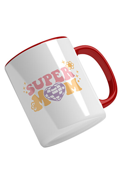 StoryGift Romania Cana Cu Text In Engleza Super Mom, Cea Mai Buna Mama, Iubitorii De Familie, Ini, Cu Maner Rosu