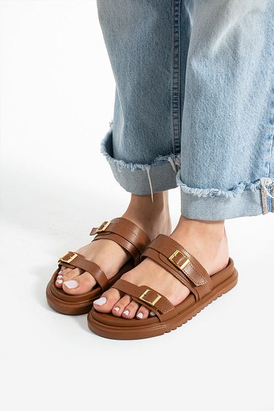 Güllü Shoes Elegant Double Buckle Tan Color Vegan Leather Women's Slippers – Thermo Sole, Non-Slip, Summer Model