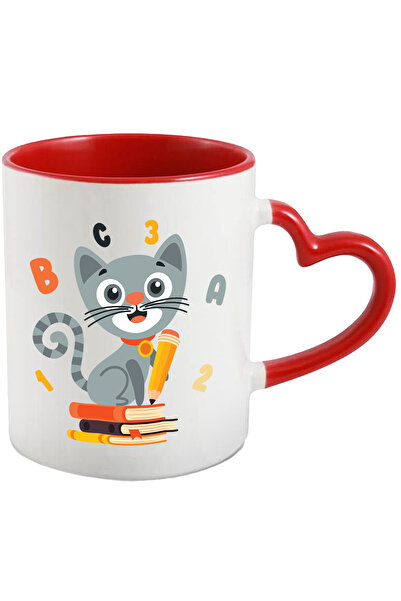 StoryGift Romania Cana Cu Pisica, Litere, Cifre, Teanc De Carti, Creion, Zgarda, Banut, Multicolor, Cu Maner Inim