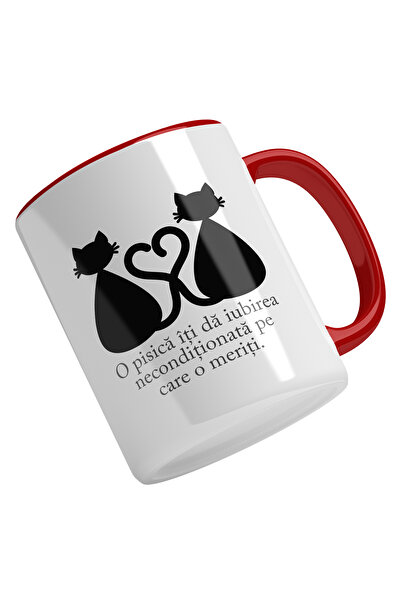 StoryGift Romania Cana Cu Pisici Negre Cozi In Forma De Inima, Text O Pisica Iti Da Iubirea Necon, Cu Maner Rosu