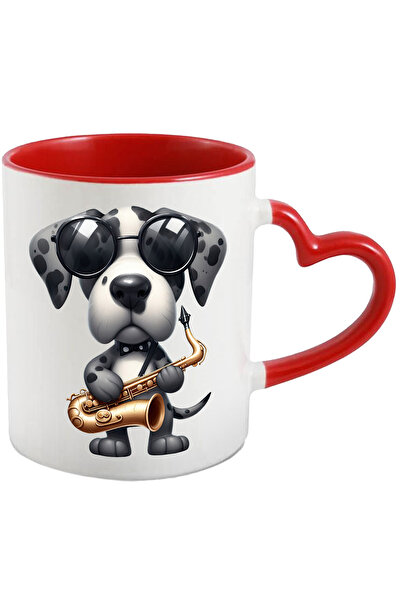 StoryGift Romania Cana cu un caine cu ochelari care canta la saxofon | ilustratie | serios | pentr, Cu Maner Inim