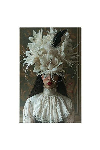 StoryGift Romania Tablou Canvas Palarie Alba Cu Model De Flori Si Pana Negra Care Acopera Chipul Unei Femei Cu R