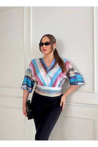 STEPS Bat Sleeve Patterned Satin Blouse