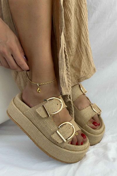 Shoebutik Papuci de damă Giza Straw Natural cu toc înalt