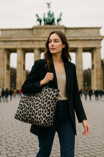 Luvili Çanta Büyük Boy Kanvas Bez Çanta 40x45 Xl Astarlı, Cepli, Çıtlı | Leopar Desenli Çanta Siyah