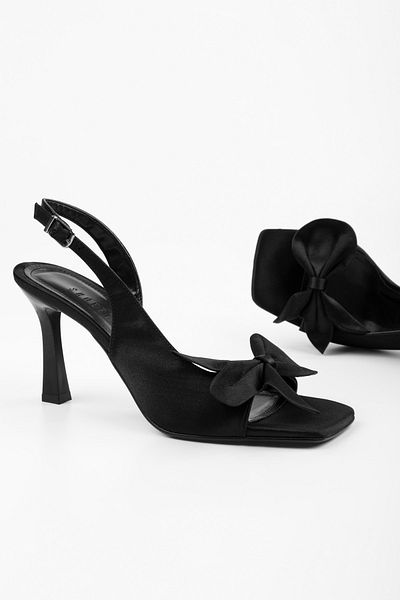 Shoeberry Women's Lily Black Satin Bow Detailed Heeled Shoes