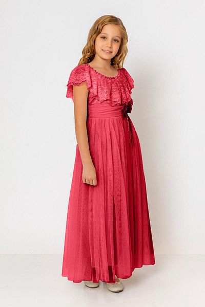incity Girl's Tulle Lace Floral Belt Pink Evening Dress