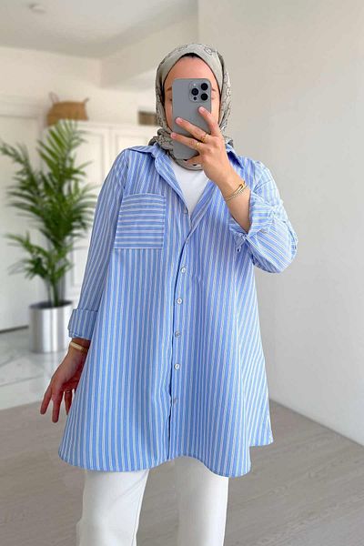 Ka Hijab Cămașă oversize cu dungi - Albastru