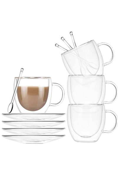 Quasar & Co. Set of 4 Double Walled Mugs with 4 Saucers and 4 Spoons ®, Heat Resistant Glass, 250ml