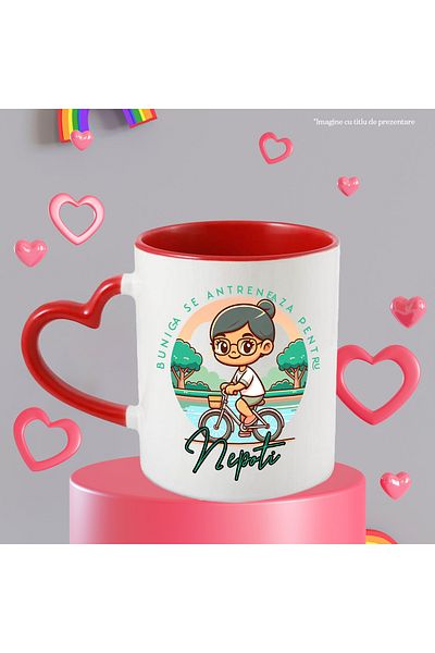 StoryGift Romania Mug Old Woman On Bike In Park Text Grandma Trains For Grandchildren,, With Heart Handle