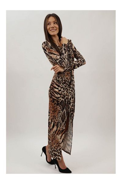 FASHIONLAND Rochie Lunga De Ocazie Maneca Lunga Pernite La Umar Leopard Print Sincronia Talie Unica Multicolora