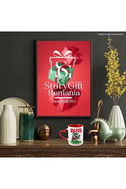 StoryGift Romania Cana cu Grinch In Costum De Mos Craciun Sac De Cadouri Text Doar Arunc O Privire, Cu Maner Inim