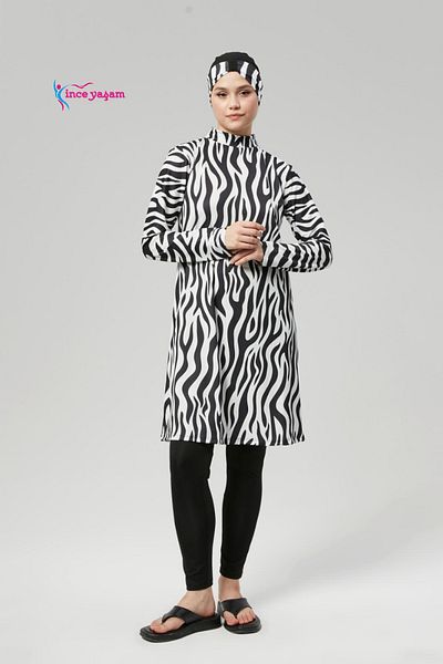 İNCEYAŞAM Fully Covered Water Repellent Quick Dry Hijab Swimsuit Suit Hijab Swimsuit Scalding Zebra Pattern