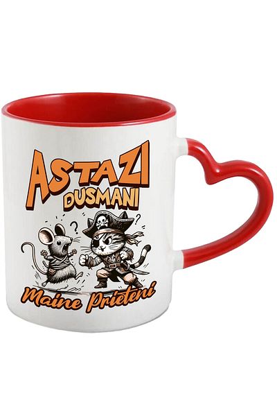 StoryGift Romania Cana cu Lupta Soarece Si Motan Pirat Text Astazi Dusmani Maine Prieteni, desene , Cu Maner Inim