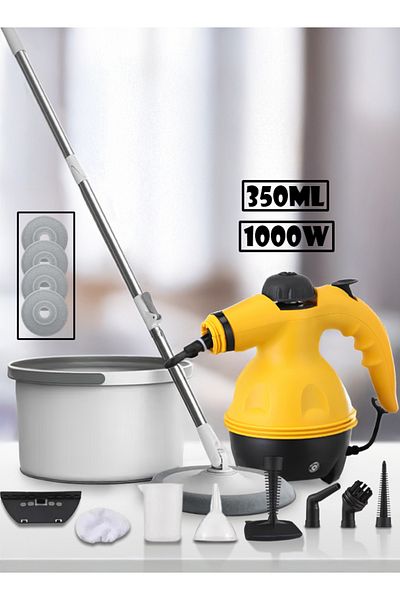 Cady One 2 in 1 Rotating Mop and Bucket Set with 4 Microfiber Pads and 1 Pressure Steam Cleaner 350ML1000W