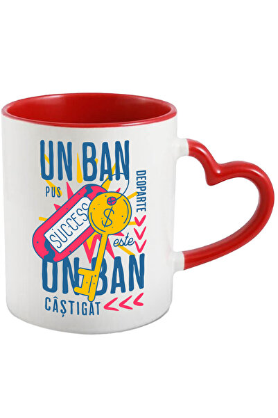 StoryGift Romania Cana un ban pus deoparte este un ban castigat, 330ml, Ceramica cu Maner Inima Ro, Cu Maner Inim