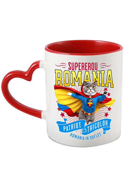StoryGift Romania Mug with Scottish Fold Cat in Captain Romania Costume with Cape, Hero of the Night, with Heart Handle