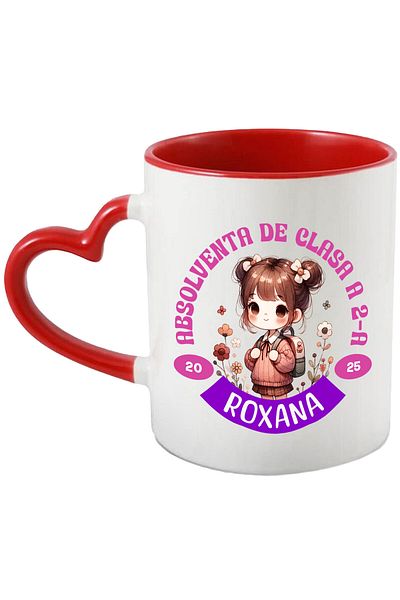 StoryGift Romania Cana cu Fata Scolarita Cu Breton Si Rucsac Text Absolvent De Clasa A 2 a Roxana , Cu Maner Inim
