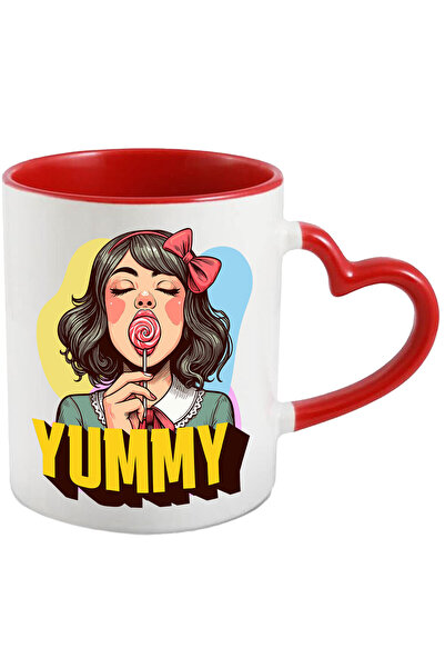 StoryGift Romania Cana cu Fata Bruneta cu Funda Si Acadea Rosie Text Yummy, Atragator, Sexy, Dulci, Cu Maner Inim