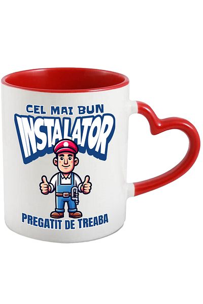 StoryGift Romania Cana cu Barbat Animatie Cu Salopeta Albastra Si Palarie Rosie Text Cel Mai Bun I, Cu Maner Inim