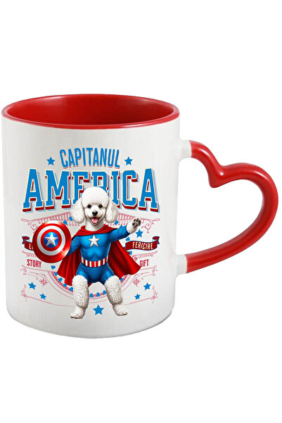 StoryGift Romania Mug with Poodle / Poodle Cat in Captain America Costume with Cape, Hero of Night, with Heart Handle