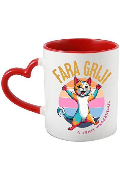 StoryGift Romania Cana cu Pisica Colorata Vesela Text Fara Griji A Venit Weekend-ul, Animal Blanos, Cu Maner Inim