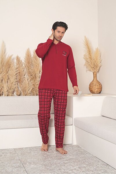 BSM Erkek Uzun Kol Dört Mevsim Pamuklu Penye Ekoseli Bordo Pijama Takımı