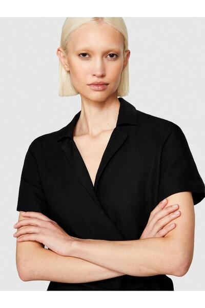 Sisley Linen Blend Shirt Collar Waist Part Elastic Dress Women Black Shirt - 324P40Brlv05L
