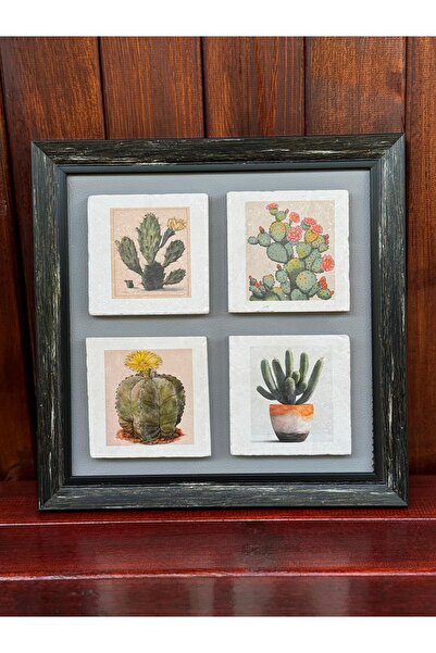 Butik Siyah Eskitme, Deri Alt Tabanlı UV Baskılı Taş Çerçeve 30x30 cm (Kaktüs...