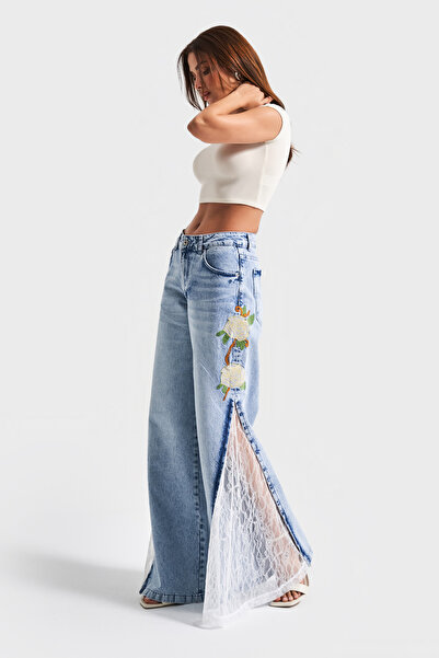 its basic Blugi de damă Culoare 4s5-27 Palazzo Fit Dantela brodată florală Design detaliat Blugi din denim 100% bumbac