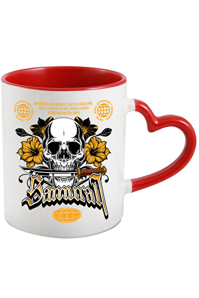 StoryGift Romania Cana cu Craniu Uman Cu Cutit Flori Colorate Text Samurai, Razboinici , Ceramica,, Cu Maner Inim