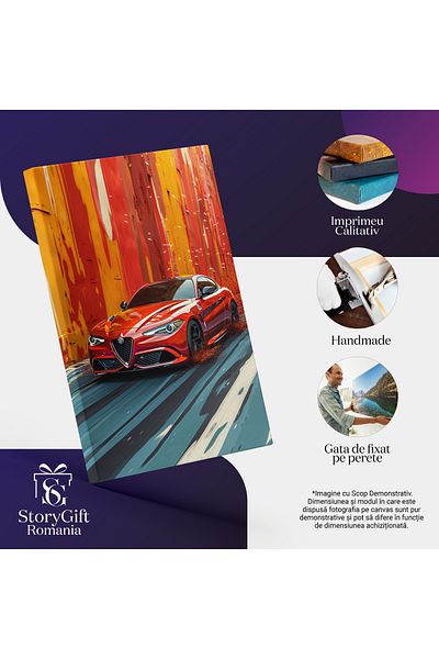 StoryGift Romania Tablou Canvas Fast Red Car Merge Cu Viteza Si Imprastie Vopsea Pe O Strada Albastra Langa Zid