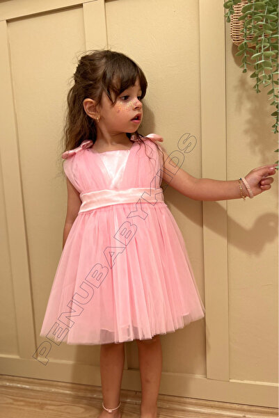 penu baby kids Pembe Omuzdan Fiyonklu Kurdeleli Tül Kız Çocuk Kız Bebek Elbis...